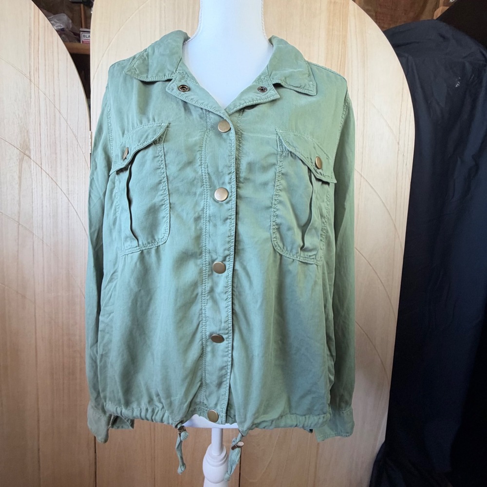 Caslon Utility Jacket Large Green Tencel Drawstring Hem Casual Safari Military